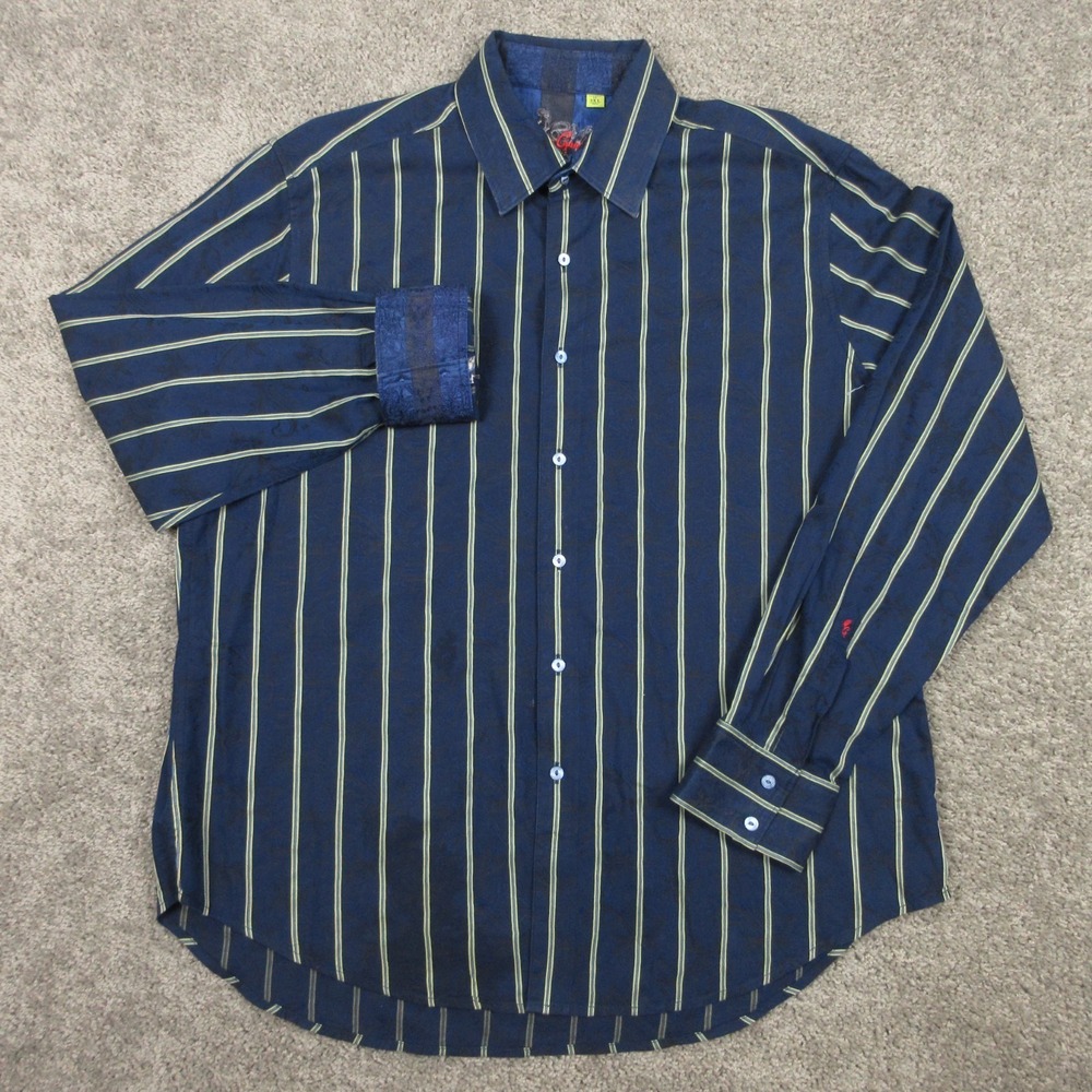 Robert Graham Shirt Mens‎ 2XL Blue Striped Jacquard Flip Cuff Party Button Up